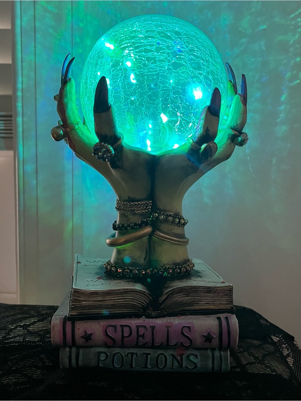 Teal Crystal Orb Table Lamp with Hand and Spellbook Base